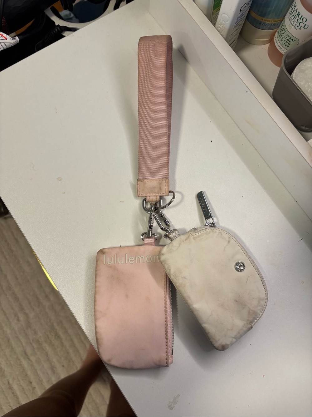 lululemon athletica pink and cream wristlet key pouch set